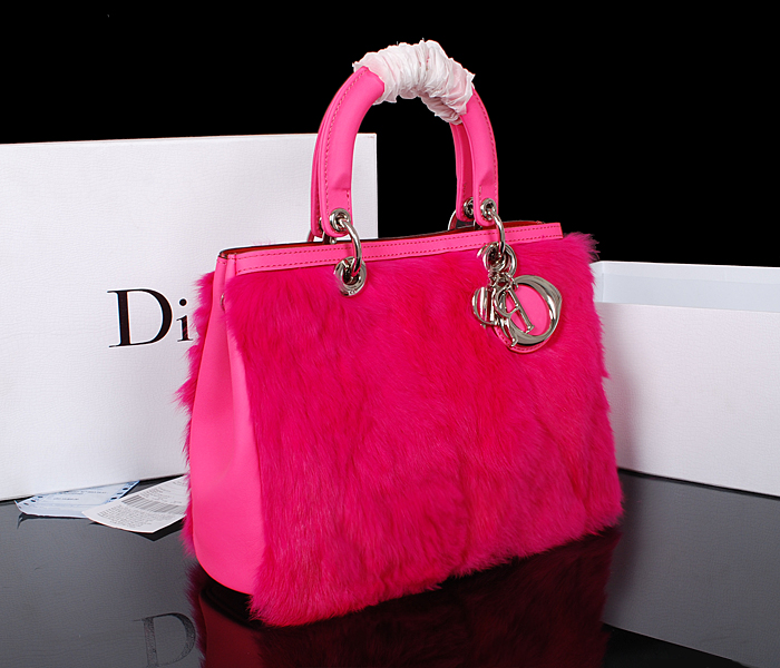 Dior迪奥新款女士手提包 0902玫红原版南非配兔毛