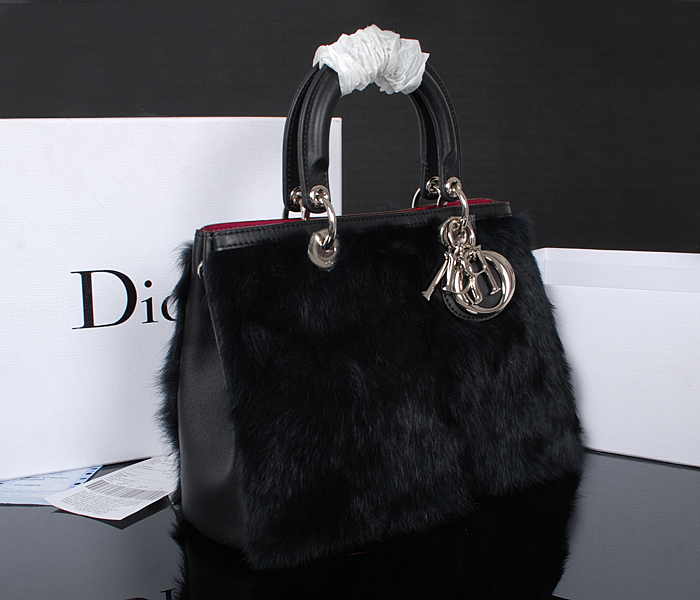 Dior迪奥新款女士手提包 0902黑色原版南非配兔毛