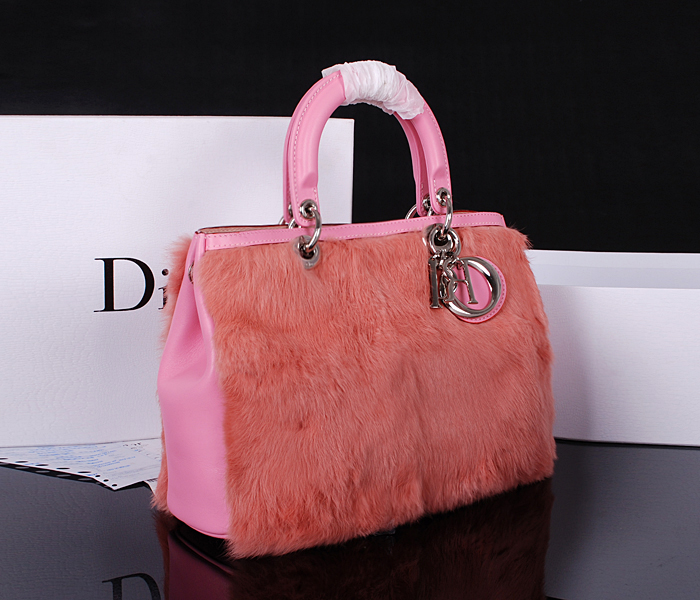 原版Dior迪奥新款女士手提包 0902南非皮配兔毛樱花粉