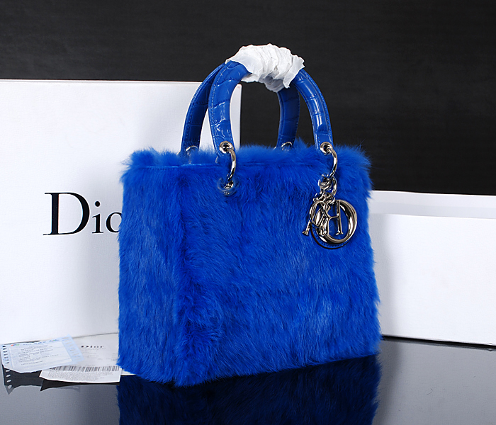 Dior迪奥新款女士手提包 44551鳄鱼纹配兔毛蓝色