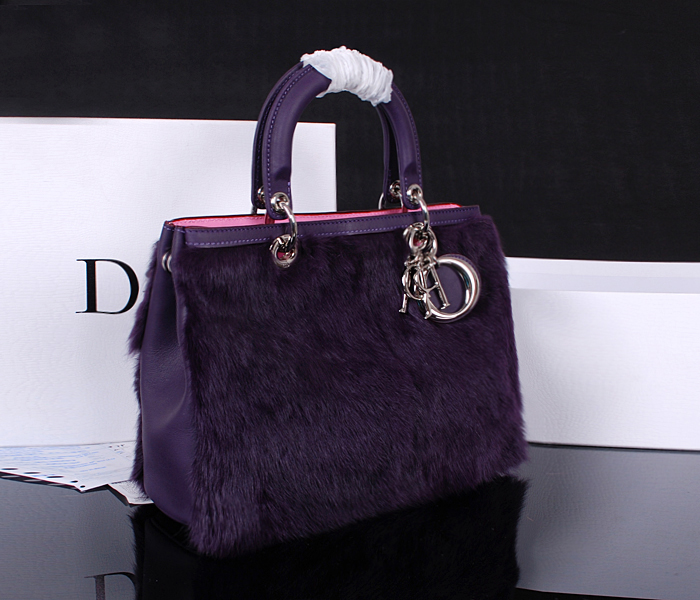 Dior迪奥新款女士手提包 0902南非皮配兔毛紫色