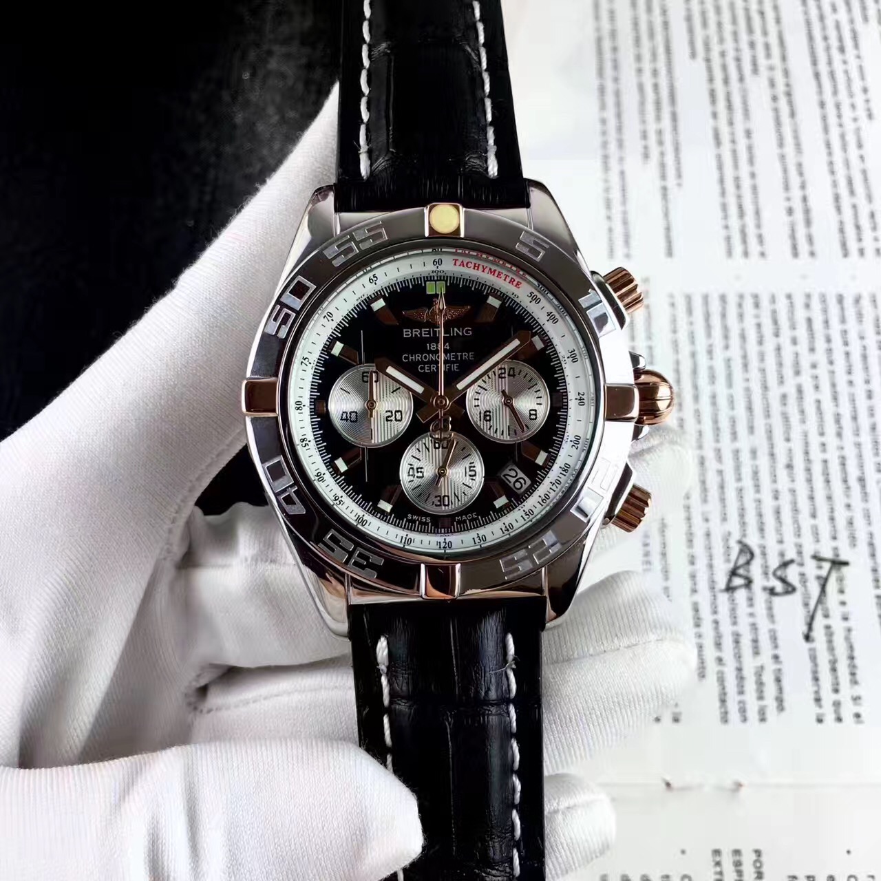 百年灵Breitling 金银搭配316精钢表壳 牛皮表带男士手表