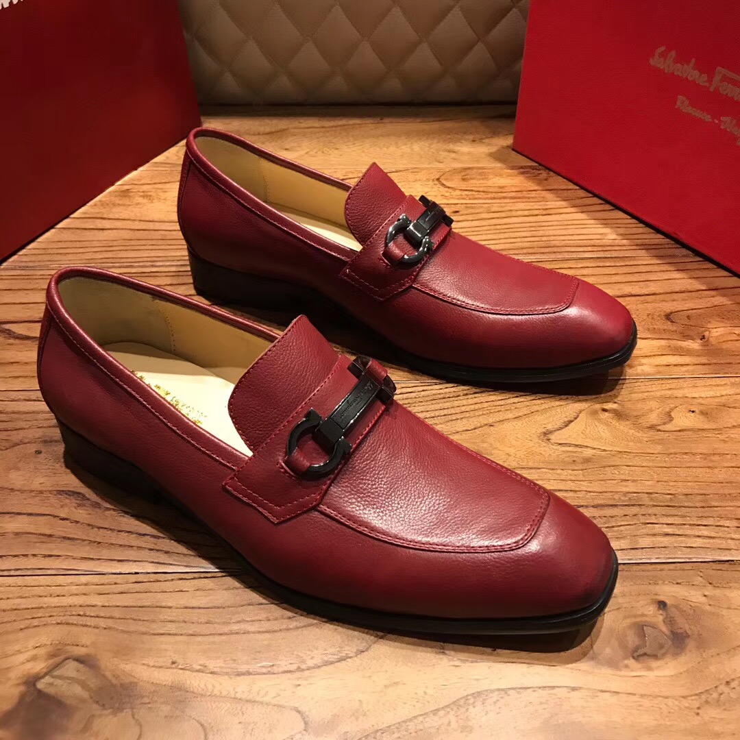 菲拉格慕 男士牛皮皮鞋 商务系列 酒红色