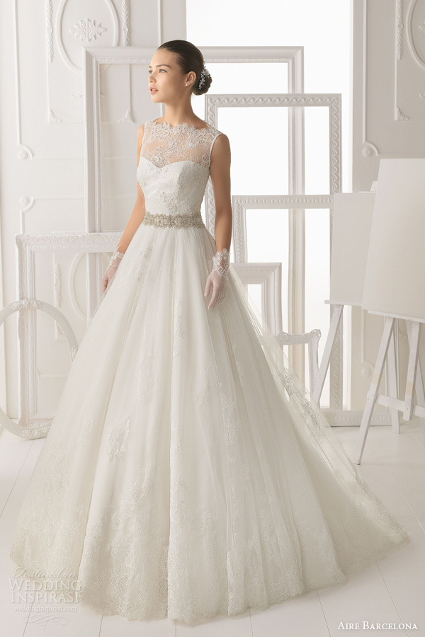 aire barcelona 2014 bridal omero sleeveless illusion lace neck wedding dress