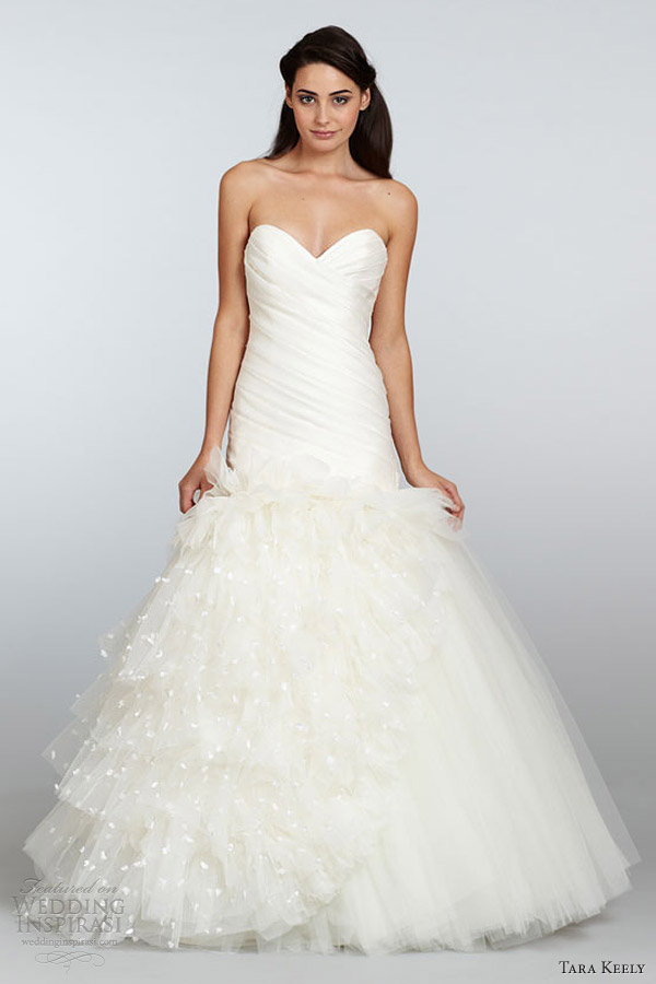 tara keely wedding dress spring 2013 mikado organza fit flare gown pleated elongated sweetheart neck petals