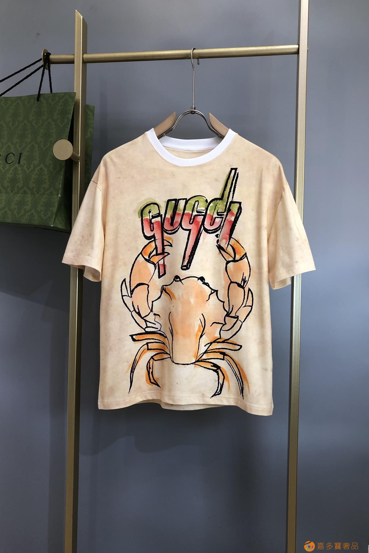 古奇SS螃蟹手绘logo休闲短袖T恤